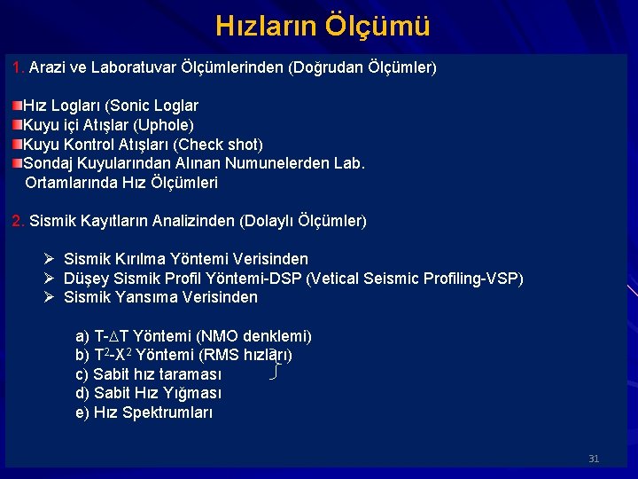 Hızların Ölçümü 1. Arazi ve Laboratuvar Ölçümlerinden (Doğrudan Ölçümler) Hız Logları (Sonic Loglar Kuyu