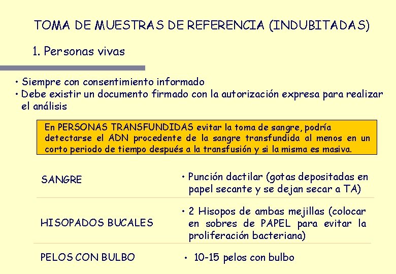 TOMA DE MUESTRAS DE REFERENCIA (INDUBITADAS) 1. Personas vivas • Siempre consentimiento informado • TOMA DE MUESTRAS DE REFERENCIA (INDUBITADAS) 1. Personas vivas • Siempre consentimiento informado •