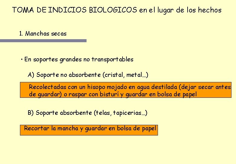 TOMA DE INDICIOS BIOLOGICOS en el lugar de los hechos 1. Manchas secas • TOMA DE INDICIOS BIOLOGICOS en el lugar de los hechos 1. Manchas secas •