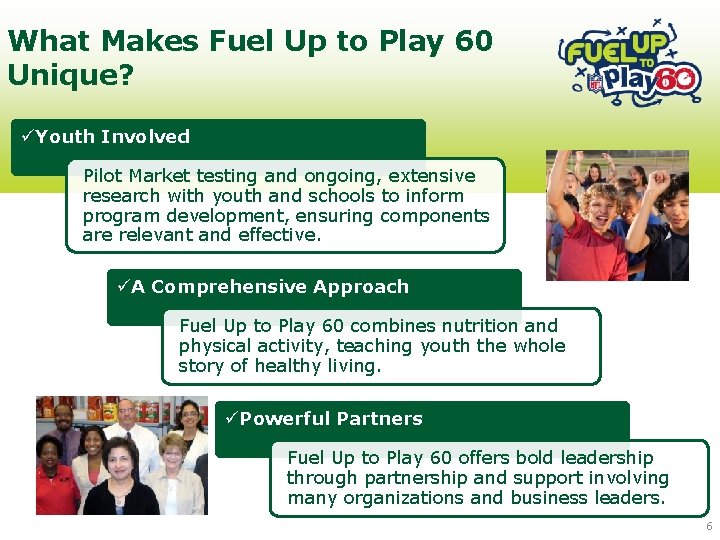 What Makes Fuel Up to Play 60 Unique? üYouth Involved Pilot Market testing and
