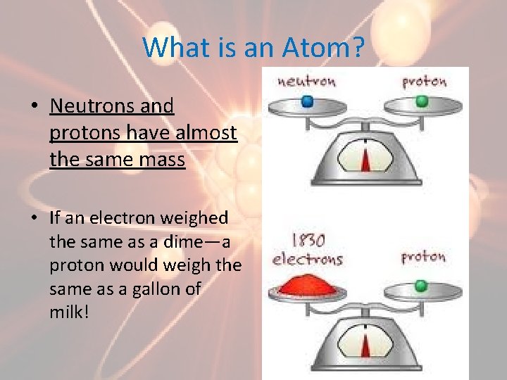 What is an Atom? • Neutrons and protons have almost the same mass •