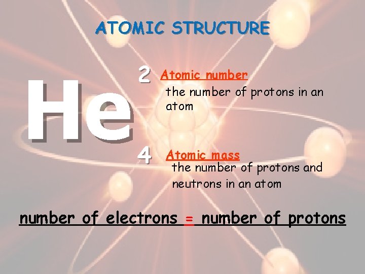 ATOMIC STRUCTURE He 2 4 Atomic number the number of protons in an atom