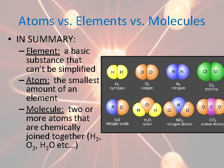 Atoms vs. Elements vs. Molecules • IN SUMMARY: – Element: a basic substance that