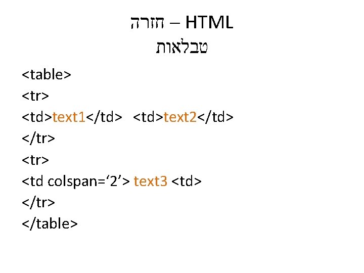  – חזרה HTML טבלאות <table> <tr> <td>text 1</td> <td>text 2</td> </tr> <td colspan=‘