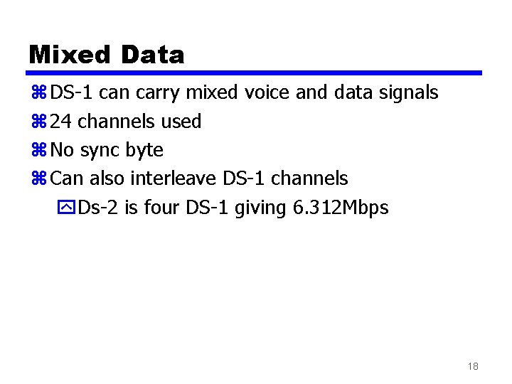 Mixed Data z DS-1 can carry mixed voice and data signals z 24 channels