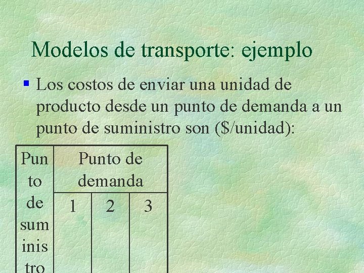 Modelos de transporte: ejemplo § Los costos de enviar una unidad de producto desde