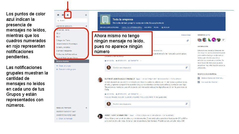 Los puntos de color azul indican la presencia de mensajes no leídos, mientras que
