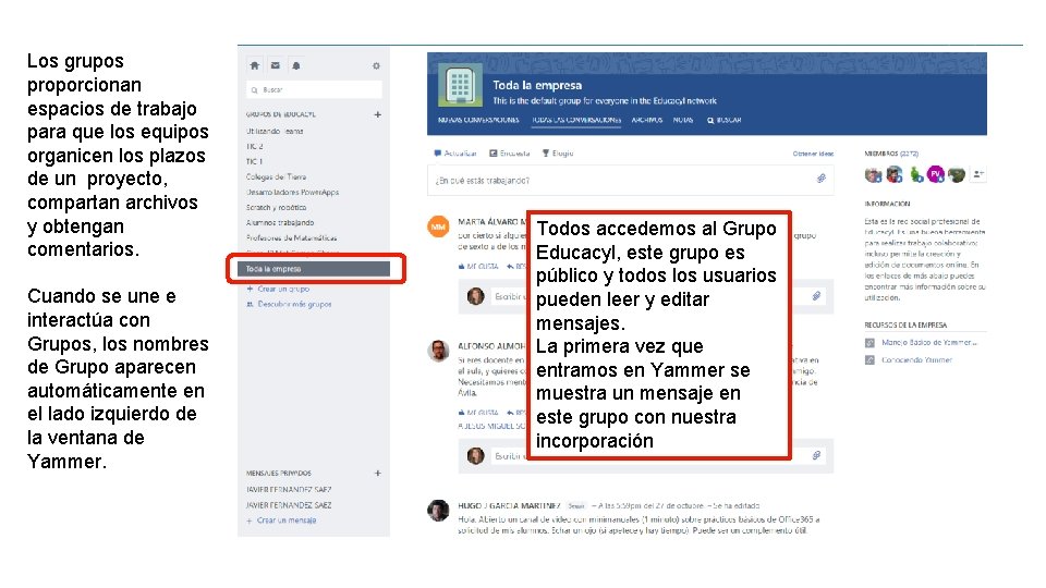 Los grupos proporcionan espacios de trabajo para que los equipos organicen los plazos de