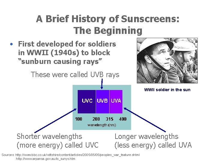 A Brief History of Sunscreens: The Beginning • First developed for soldiers in WWII