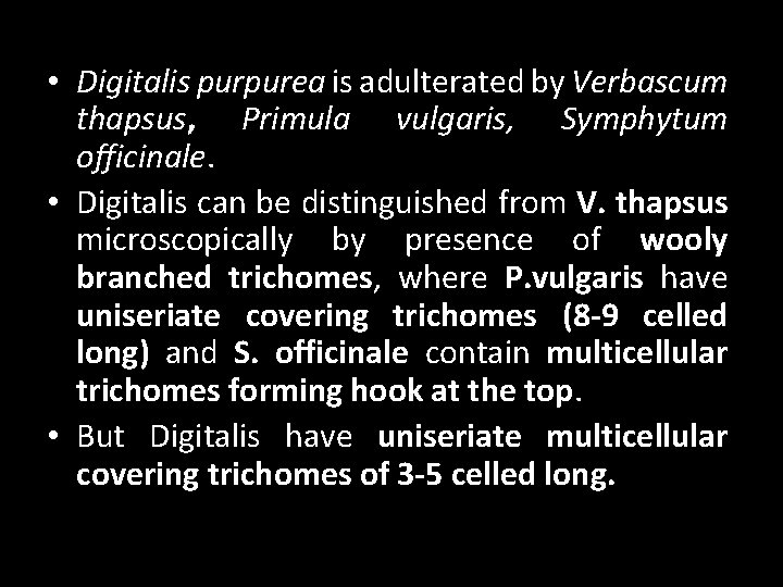  • Digitalis purpurea is adulterated by Verbascum thapsus, Primula vulgaris, Symphytum officinale. •