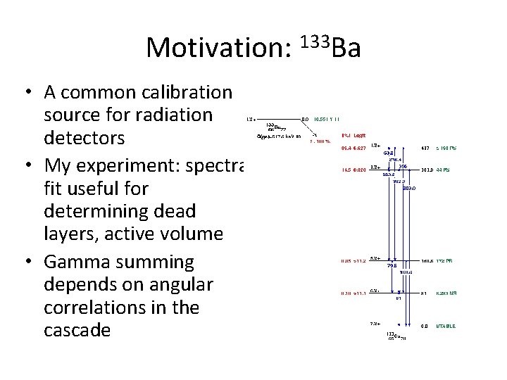 Motivation: 133 Ba • A common calibration source for radiation detectors • My experiment: