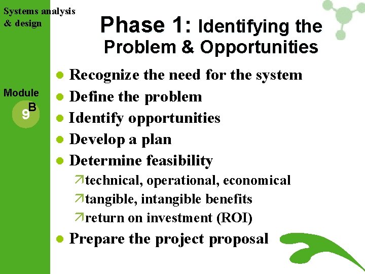 Systems analysis & design Phase 1: Identifying the Problem & Opportunities Recognize the need Systems analysis & design Phase 1: Identifying the Problem & Opportunities Recognize the need