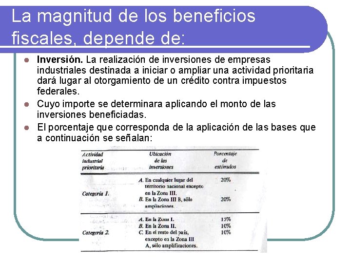 La magnitud de los beneficios fiscales, depende de: Inversión. La realización de inversiones de