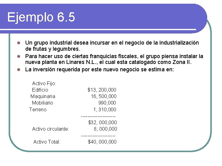 Ejemplo 6. 5 Un grupo industrial desea incursar en el negocio de la industrialización