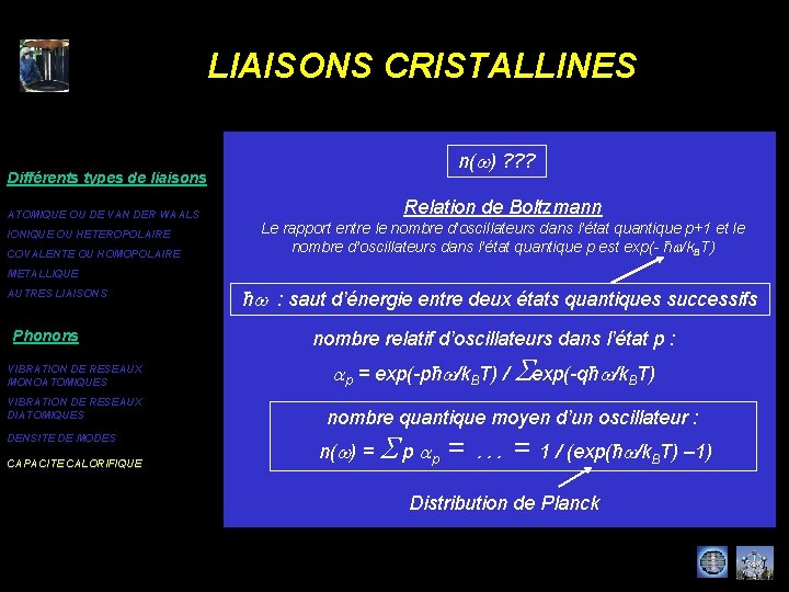 LIAISONS CRISTALLINES n(w) ? ? ? Différents types de liaisons ATOMIQUE OU DE VAN