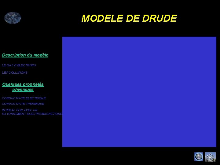 MODELE DE DRUDE Description du modèle LE GAZ D’ELECTRONS LES COLLISIONS Quelques propriétés physiques