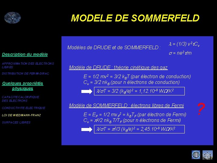 MODELE DE SOMMERFELD Modèles de DRUDE et de SOMMERFELD : Description du modèle APPROXIMATION