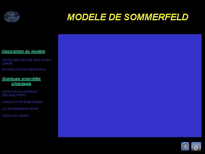 MODELE DE SOMMERFELD Description du modèle APPROXIMATION DES ELECTRONS LIBRES DISTRIBUTION DE FERMI-DIRAC Quelques