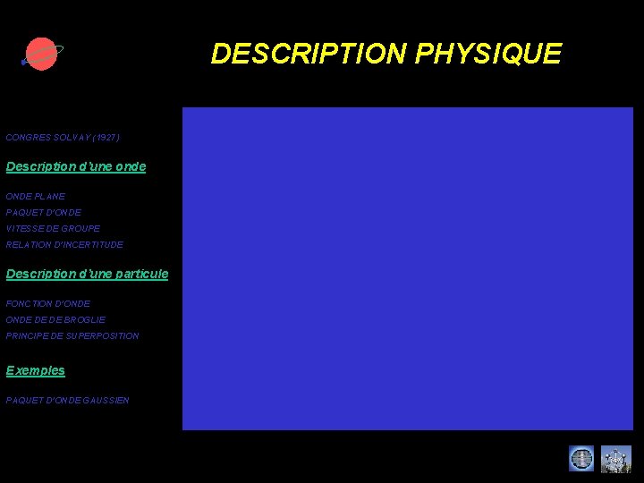 DESCRIPTION PHYSIQUE CONGRES SOLVAY (1927) Description d’une onde ONDE PLANE PAQUET D’ONDE VITESSE DE