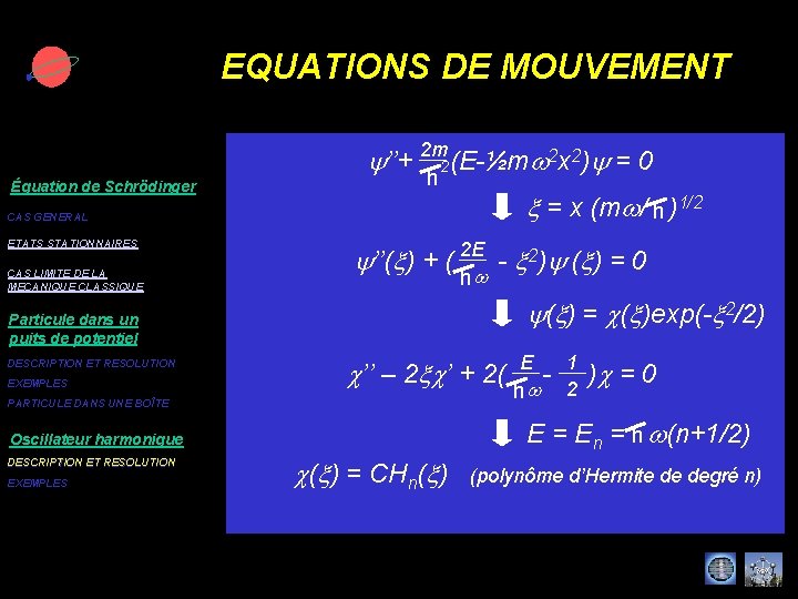EQUATIONS DE MOUVEMENT 2 m y’’+ (E-½m w 2 x 2)y = 0 2