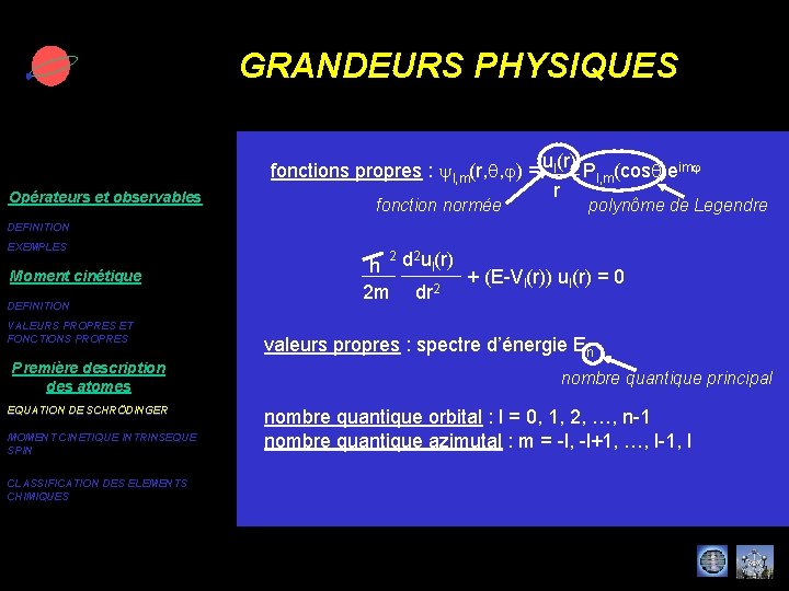 GRANDEURS PHYSIQUES Opérateurs et observables ul(r) imj fonctions propres : yl, m(r, q, j)