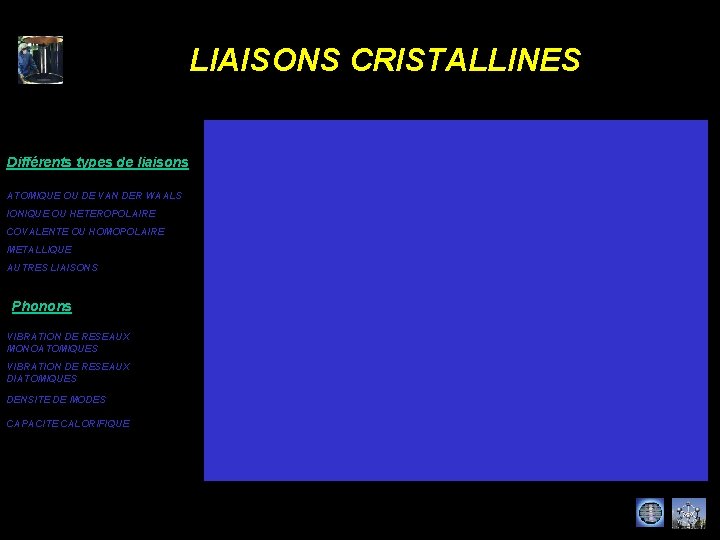 LIAISONS CRISTALLINES Différents types de liaisons ATOMIQUE OU DE VAN DER WAALS IONIQUE OU