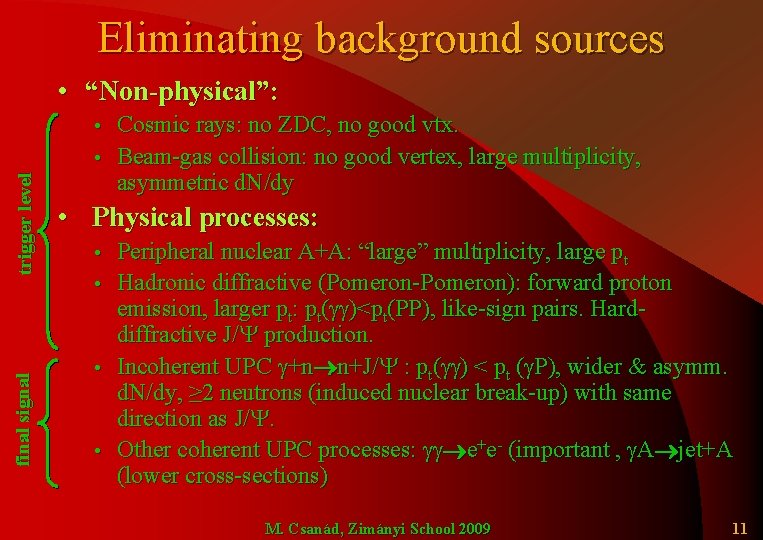 Eliminating background sources • “Non-physical”: Cosmic rays: no ZDC, no good vtx. • Beam-gas