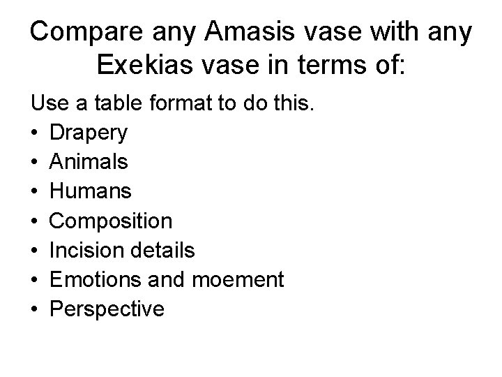 Compare any Amasis vase with any Exekias vase in terms of: Use a table