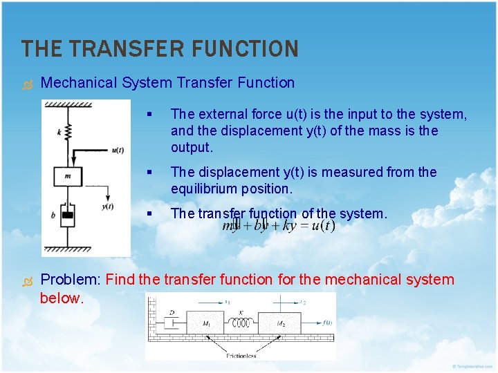 THE TRANSFER FUNCTION Mechanical System Transfer Function § The external force u(t) is the