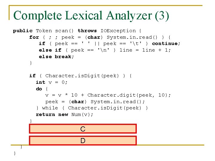 Complete Lexical Analyzer (3) public Token for ( ; if ( else } scan()