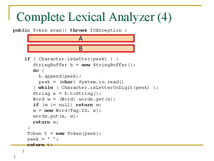Complete Lexical Analyzer (4) public Token scan() throws IOException { A B if (