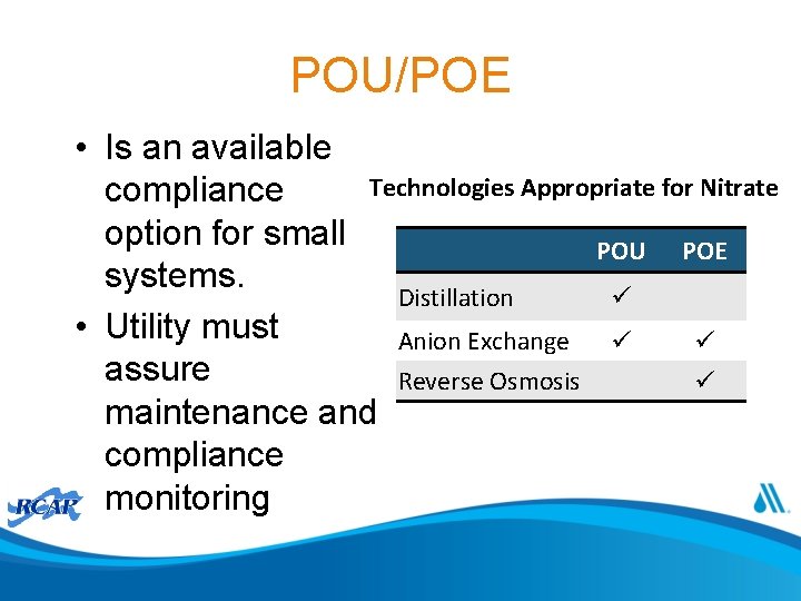 POU/POE • Is an available Technologies Appropriate for Nitrate compliance option for small POU