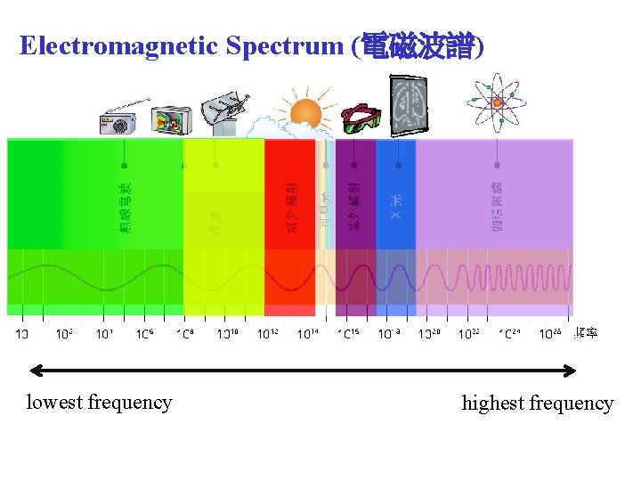 Electromagnetic Spectrum (電磁波譜) lowest frequency highest frequency 