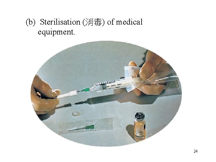 (b) Sterilisation (消毒) of medical equipment. 24 