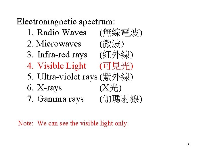 Electromagnetic spectrum: 1. Radio Waves (無線電波) 2. Microwaves (微波) 3. Infra-red rays (紅外線) 4.