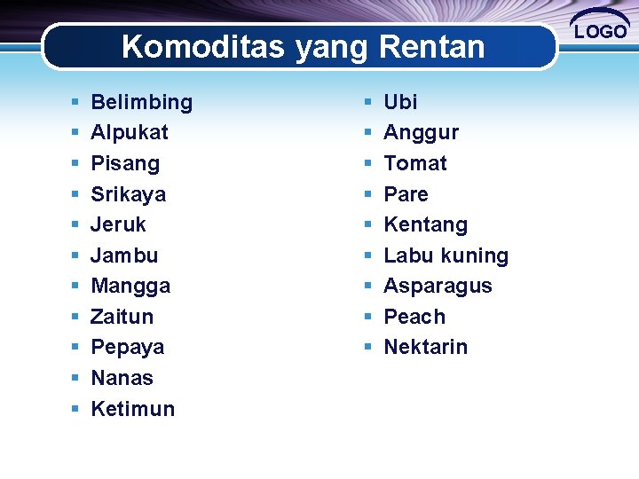 Komoditas yang Rentan § § § Belimbing Alpukat Pisang Srikaya Jeruk Jambu Mangga Zaitun Komoditas yang Rentan § § § Belimbing Alpukat Pisang Srikaya Jeruk Jambu Mangga Zaitun