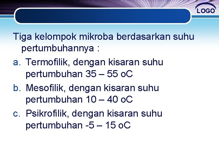 LOGO Tiga kelompok mikroba berdasarkan suhu pertumbuhannya : a. Termofilik, dengan kisaran suhu pertumbuhan LOGO Tiga kelompok mikroba berdasarkan suhu pertumbuhannya : a. Termofilik, dengan kisaran suhu pertumbuhan