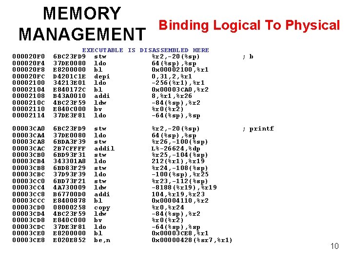 MEMORY MANAGEMENT Binding Logical To Physical EXECUTABLE IS DISASSEMBLED HERE 000020 F 0 6