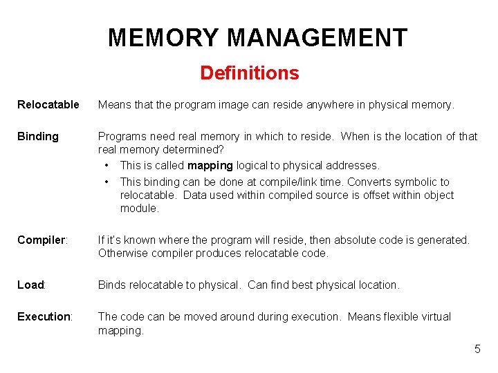 MEMORY MANAGEMENT Definitions Relocatable Means that the program image can reside anywhere in physical