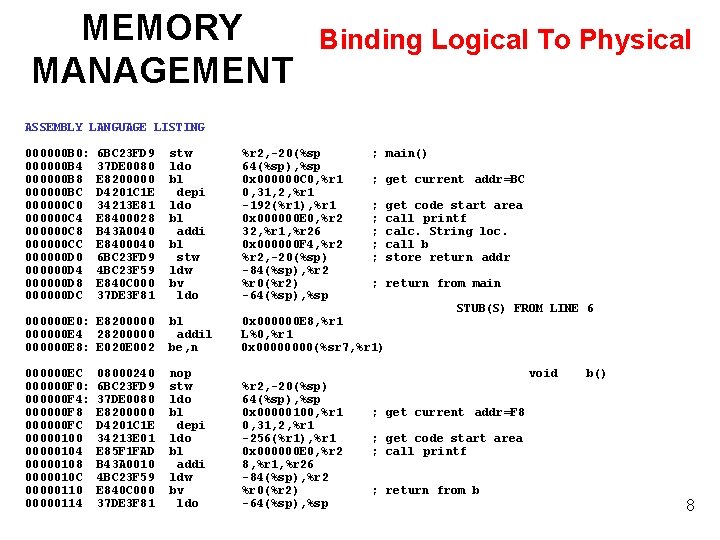 MEMORY MANAGEMENT Binding Logical To Physical ASSEMBLY LANGUAGE LISTING 000000 B 0: 6 BC