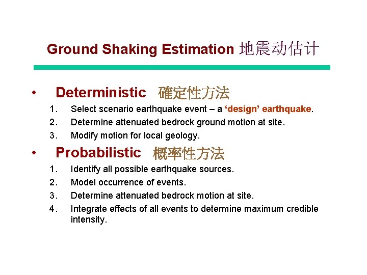 Ground Shaking Estimation 地震动估计 • Deterministic 確定性方法 1. 2. 3. • Select scenario earthquake Ground Shaking Estimation 地震动估计 • Deterministic 確定性方法 1. 2. 3. • Select scenario earthquake