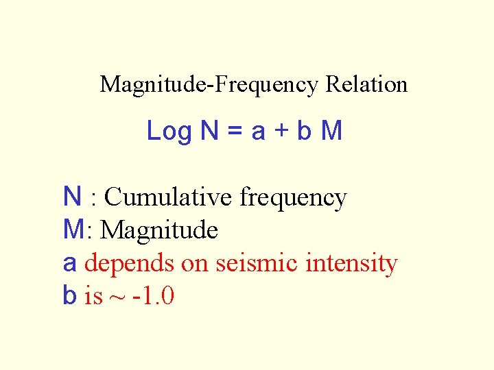 Magnitude-Frequency Relation Log N = a + b M N : Cumulative frequency M: Magnitude-Frequency Relation Log N = a + b M N : Cumulative frequency M: