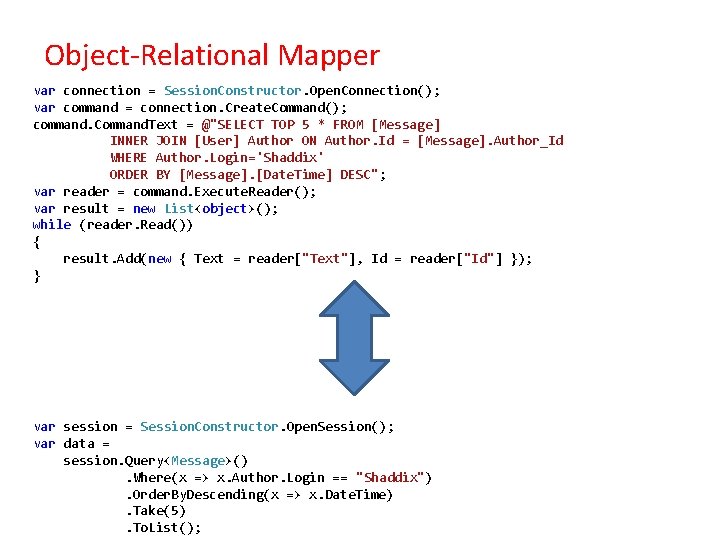 Object-Relational Mapper var connection = Session. Constructor. Open. Connection(); var command = connection. Create.