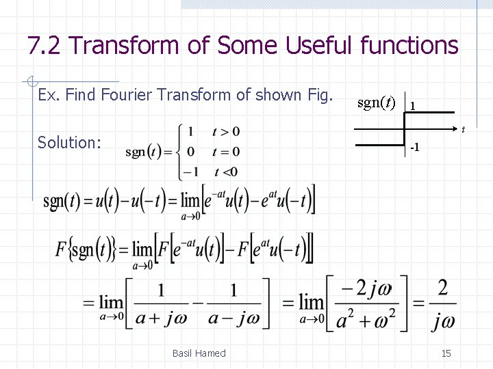 7. 2 Transform of Some Useful functions Ex. Find Fourier Transform of shown Fig.