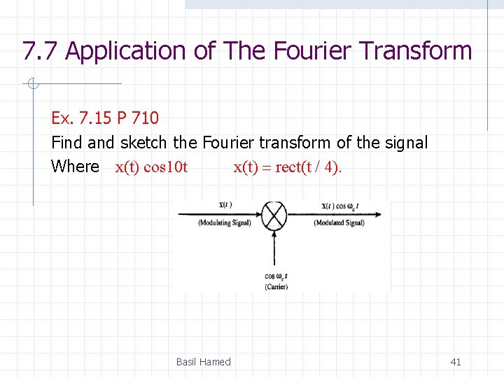 7. 7 Application of The Fourier Transform Ex. 7. 15 P 710 Find and