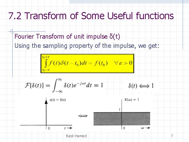 7. 2 Transform of Some Useful functions Fourier Transform of unit impulse δ(t) Using