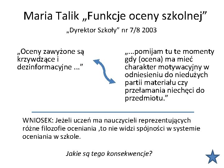 Maria Talik „Funkcje oceny szkolnej” „Dyrektor Szkoły” nr 7/8 2003 „Oceny zawyżone są krzywdzące