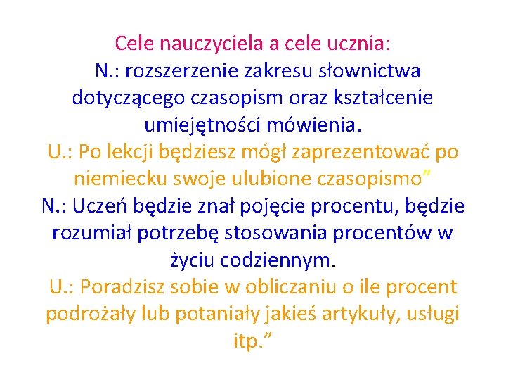 Cele nauczyciela a cele ucznia: „N. : rozszerzenie zakresu słownictwa dotyczącego czasopism oraz kształcenie