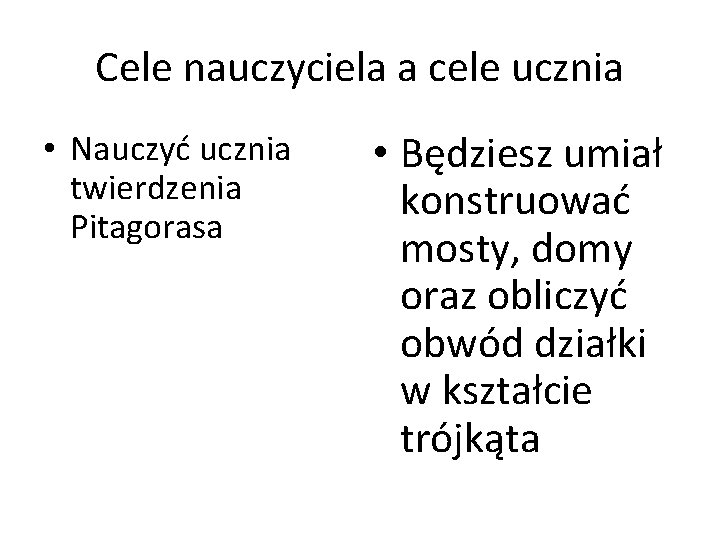 Cele nauczyciela a cele ucznia • Nauczyć ucznia twierdzenia Pitagorasa • Będziesz umiał konstruować