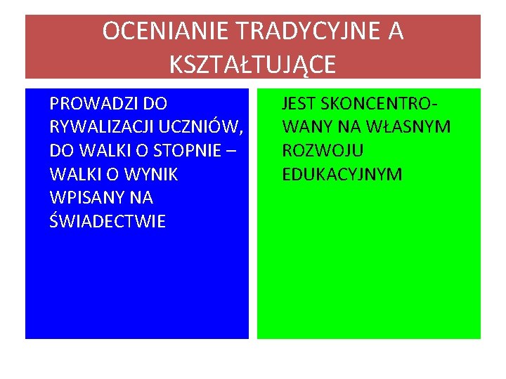 OCENIANIE TRADYCYJNE A KSZTAŁTUJĄCE PROWADZI DO RYWALIZACJI UCZNIÓW, DO WALKI O STOPNIE – WALKI